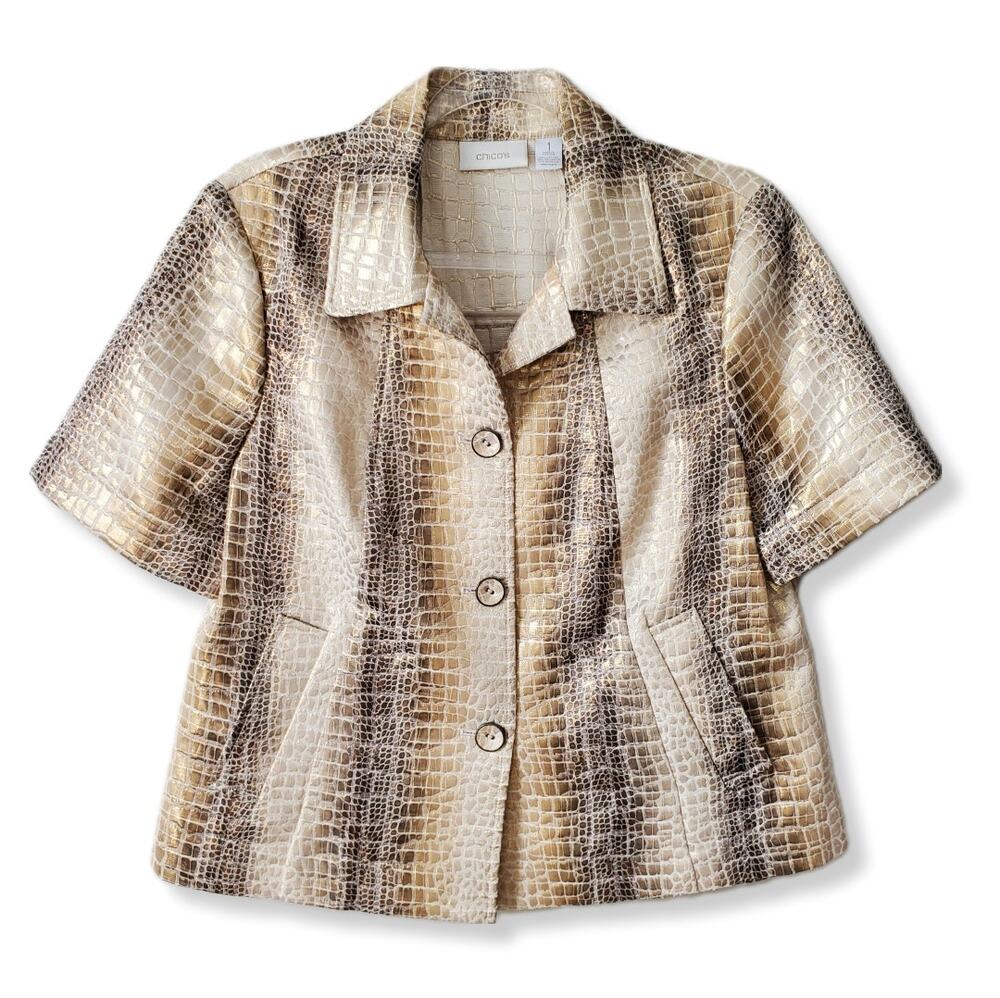 Chicos Metallic Beige Croco Print Jacket Blazer M Contemporary Neutral NEW